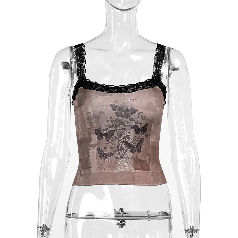 Y2K Goth Butterfly Print Slim Corset Crop Tops Sexy Aesthetic Lace Trim Straps Camis Women Summer Fashion Tank Tops Streetwear - Image 3