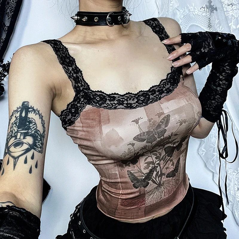 Y2K Goth Butterfly Print Slim Corset Crop Tops Sexy Aesthetic Lace Trim Straps Camis Women Summer Fashion Tank Tops Streetwear - Image 4